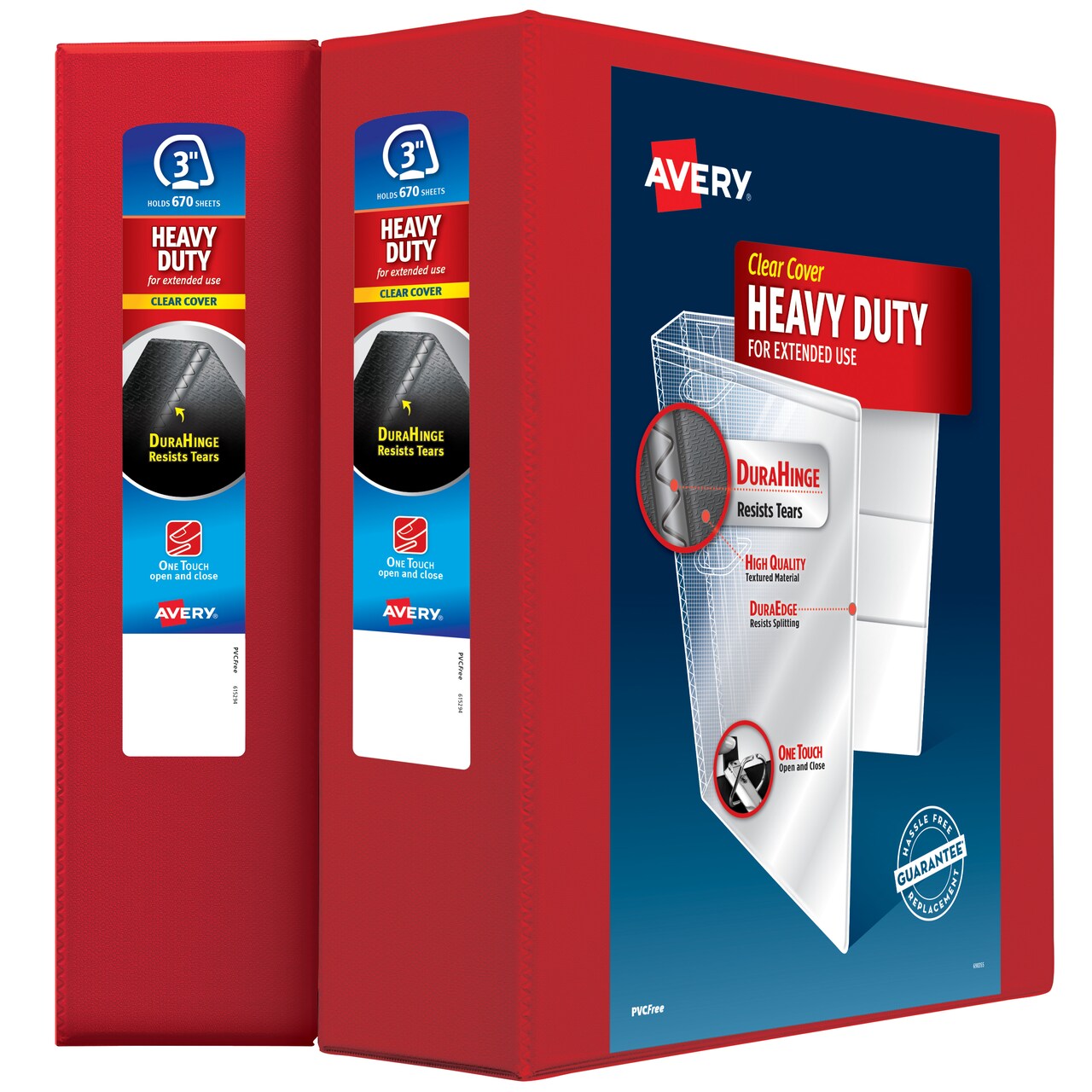 Avery Heavy-Duty View 3 Ring Binder, 3" One Touch EZD Rings, 3.5" Spine, 2 Red Binders (39701)